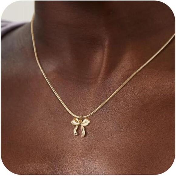 Gold Bow Necklace, 14K Gold-Plated Necklace, Dainty Pendant Gift Minimalist - Picture 1 of 6